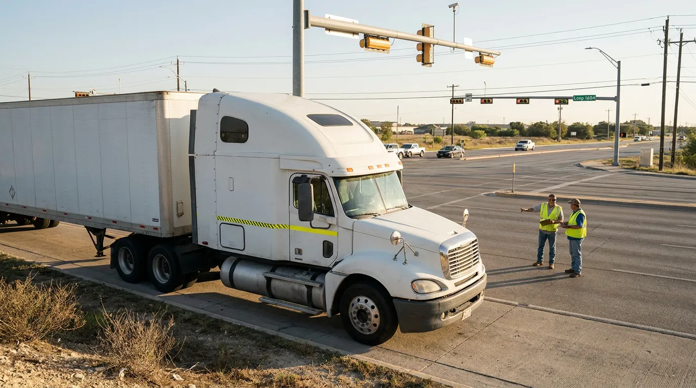 two safety workers inspecting semi-truck stopped at road intersection