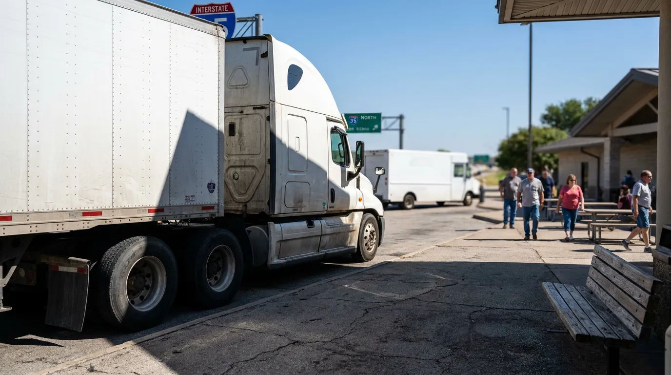 semi-truck parked at Interstate 35 North rest stop with pedestrians nearby