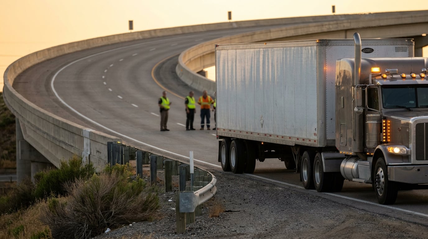 semi-truck stopped on highway overpass with three officials in safety vests nearby