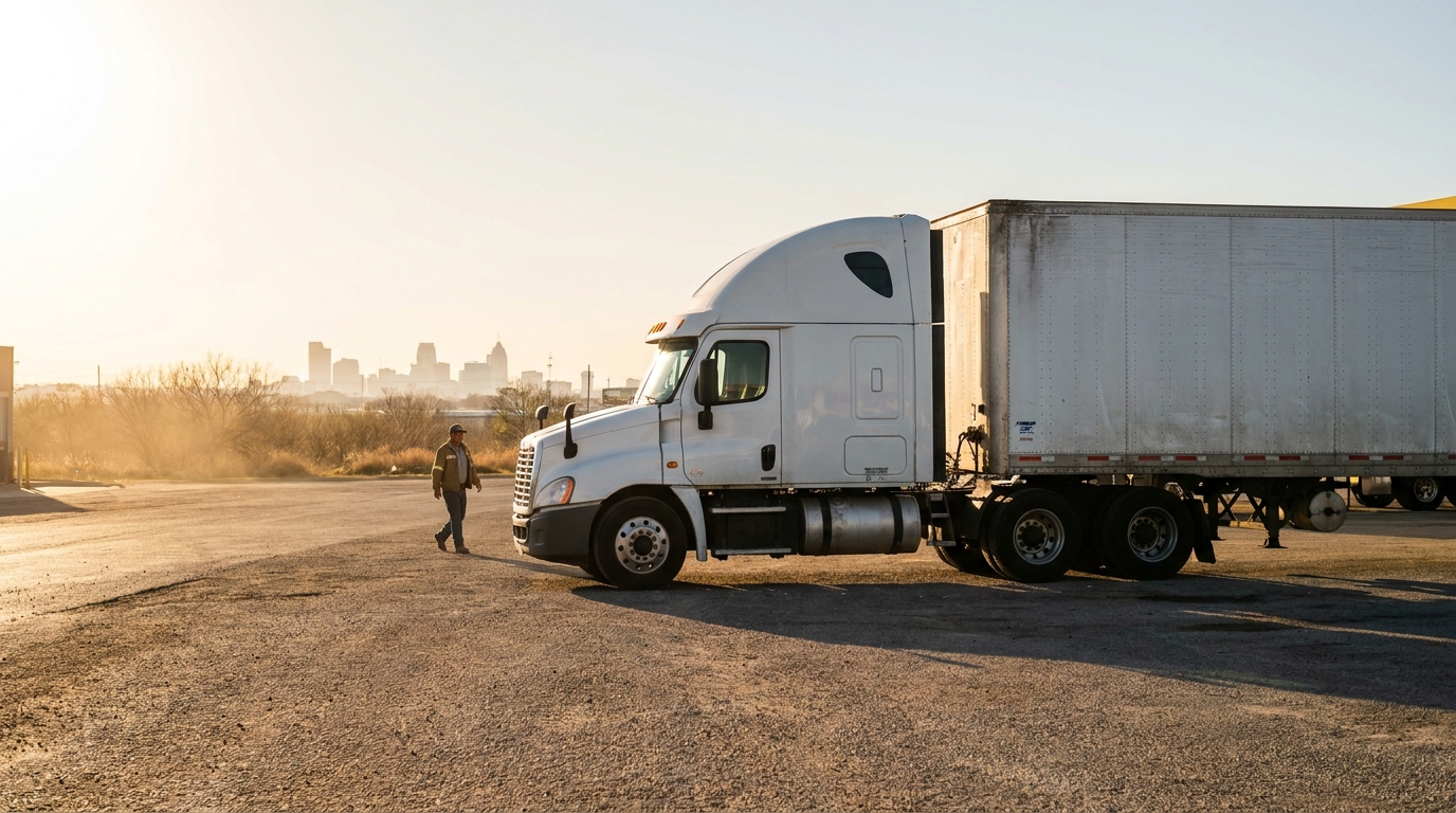 truck driver walking toward parked semi-truck with city skyline in background