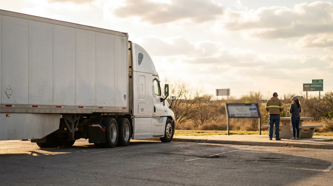 semi-truck parked at rest stop near San Antonio Exit 20 highway sign