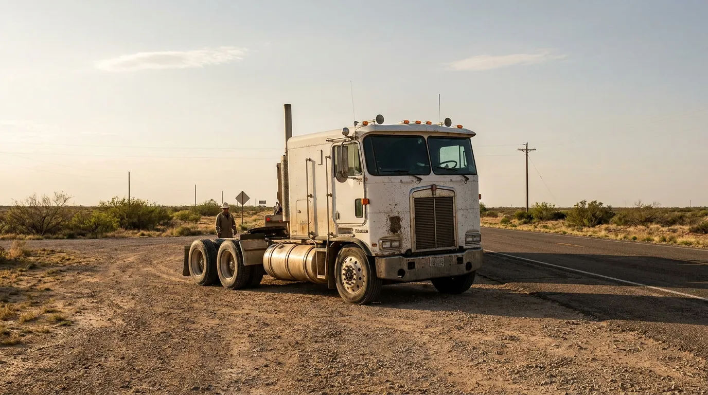 semi-truck cab parked on desert highway with person standing nearby