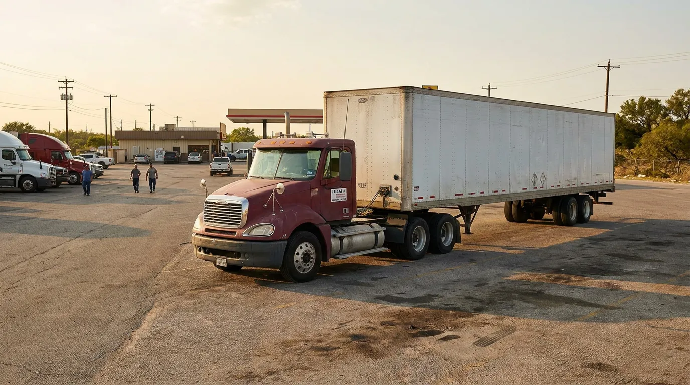 semi-truck with large trailer parked at commercial truck stop lot
