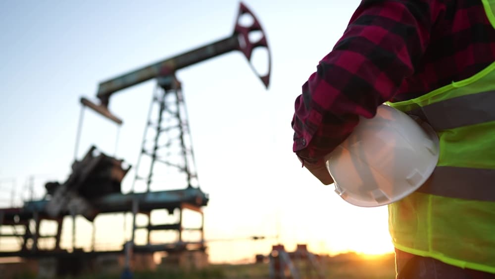 Worker with a hard hat against a sunset, overlooking an oil pump. Concept of oilfield business, extraction lifestyle, and oil pump rig.