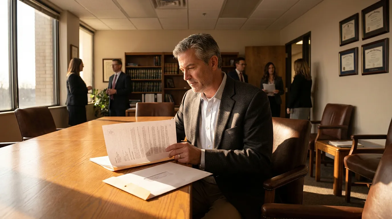 man reviewing legal documents at conference table in law office with framed credentials