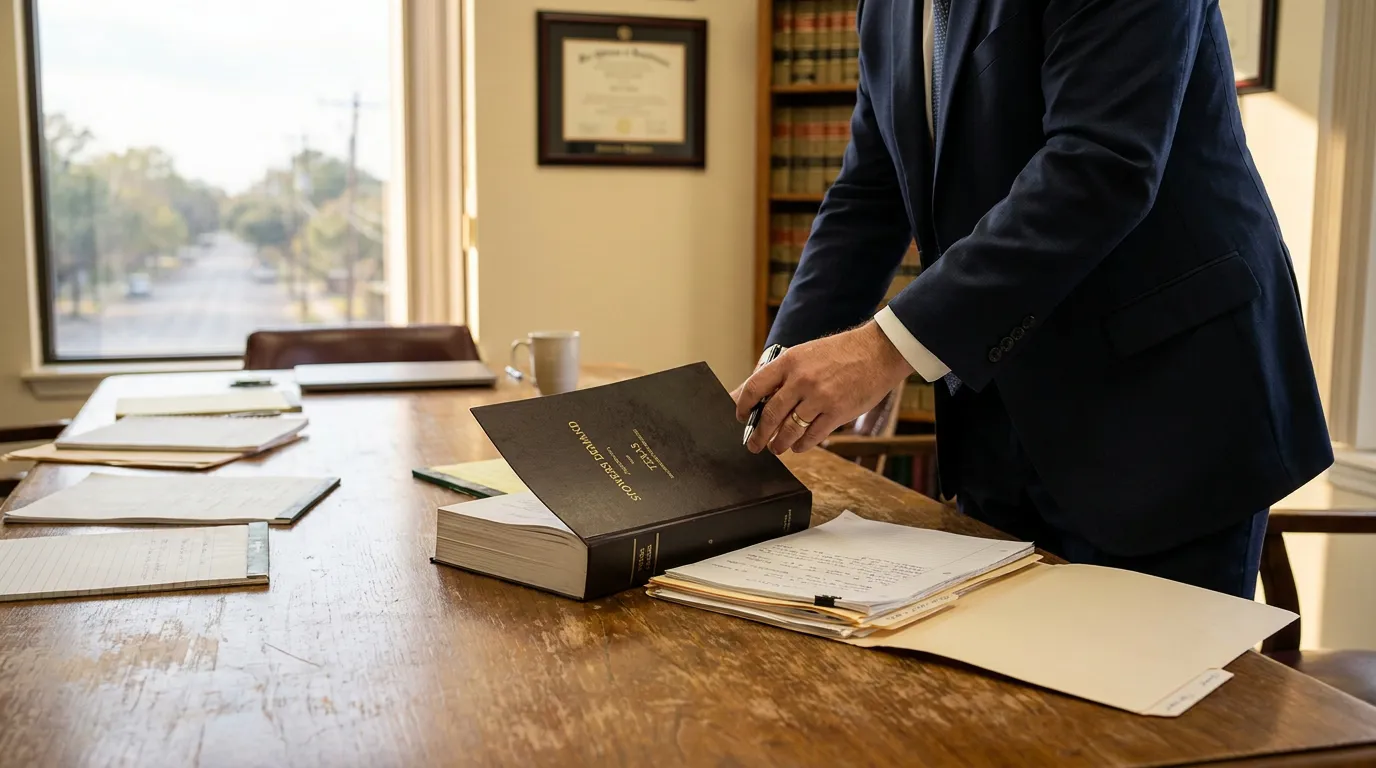 suited attorney opening legal volume on desk beside case files and law books