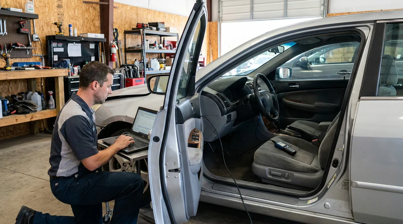 mechanic using laptop to run diagnostic scan on sedan in auto repair shop