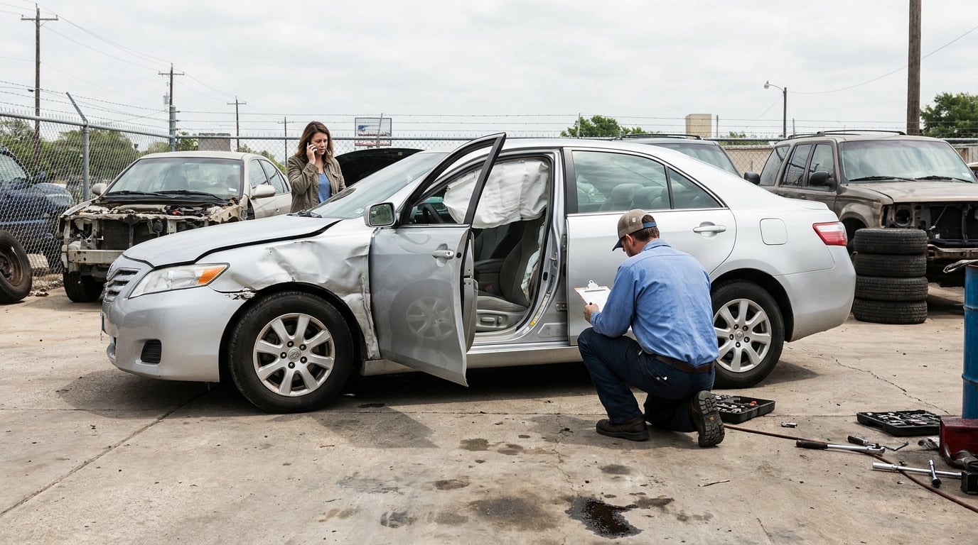 man with clipboard inspecting damaged sedan while woman talks on phone nearby