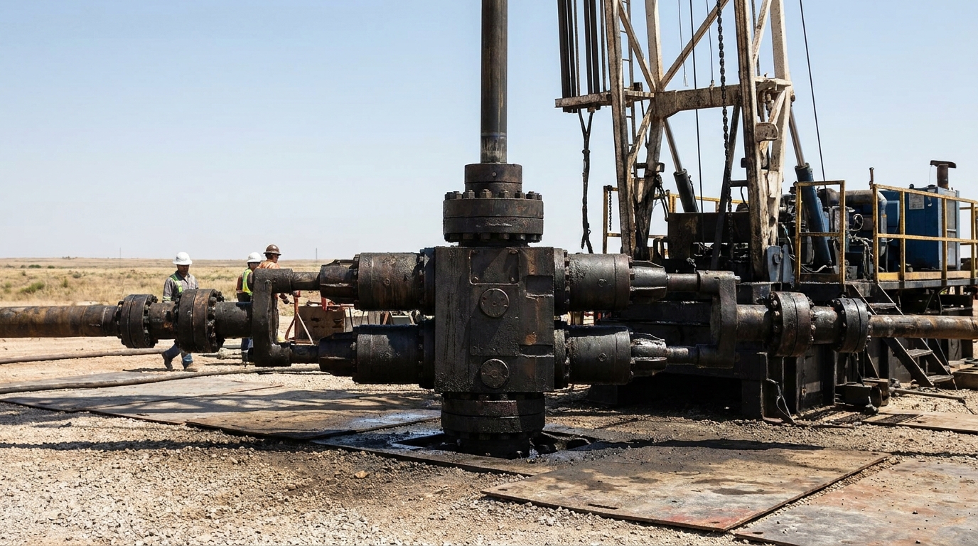 oil field workers in hard hats near wellhead equipment and drilling rig