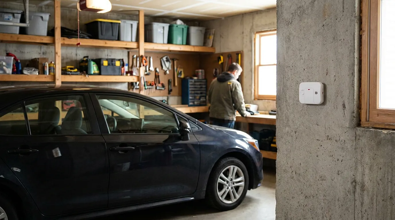 carbon monoxide detector mounted on garage wall near parked sedan and workbench
