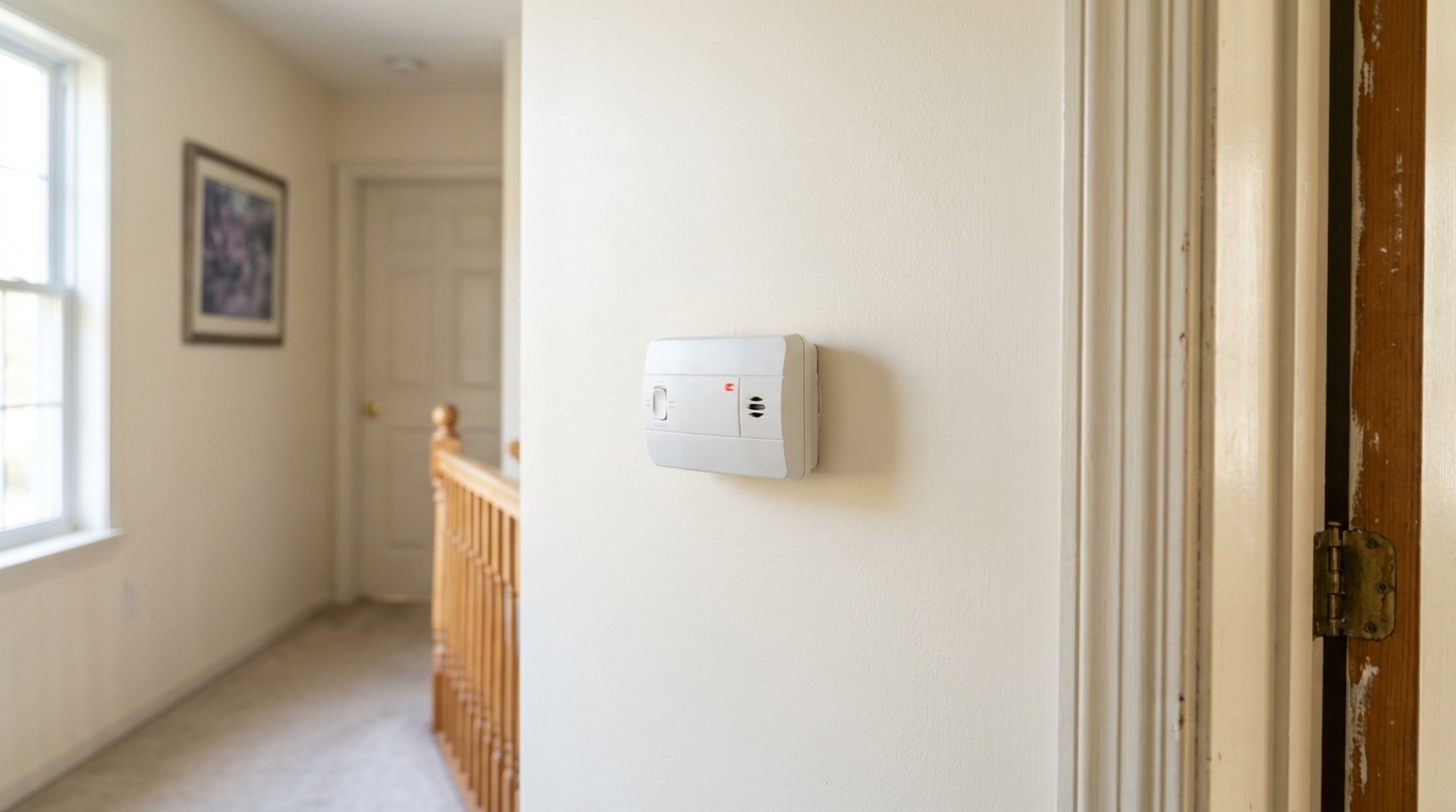 carbon monoxide detector mounted on wall near staircase landing in residential home