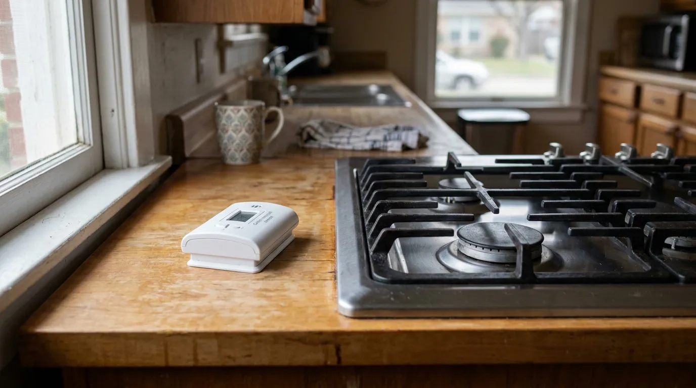 carbon monoxide detector placed on kitchen counter beside gas stovetop