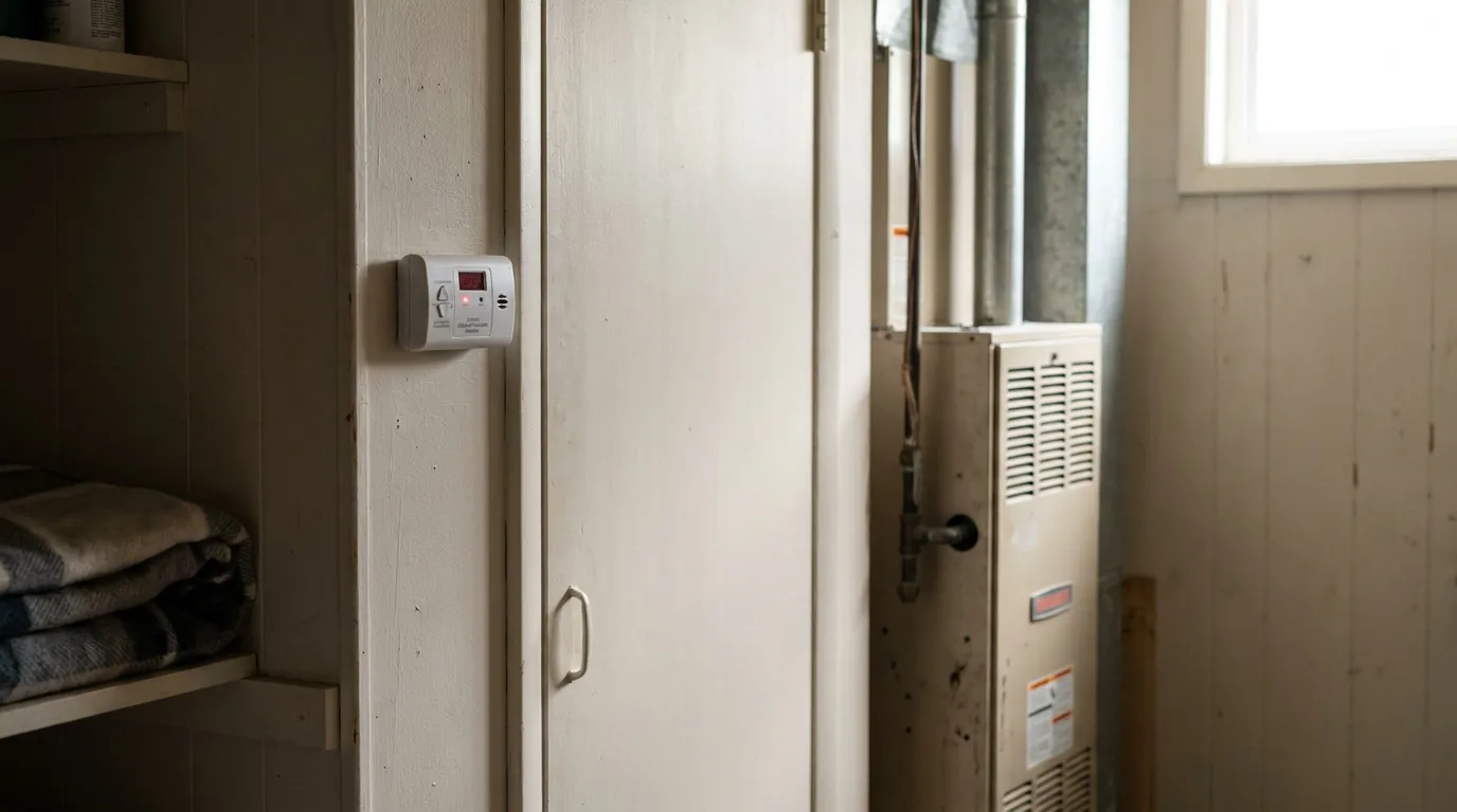 carbon monoxide detector mounted on wall near residential furnace unit