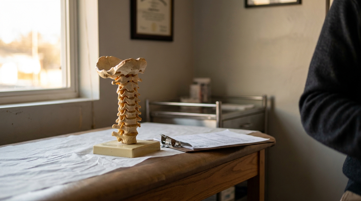 anatomical spine model on medical exam table beside clipboard with documents