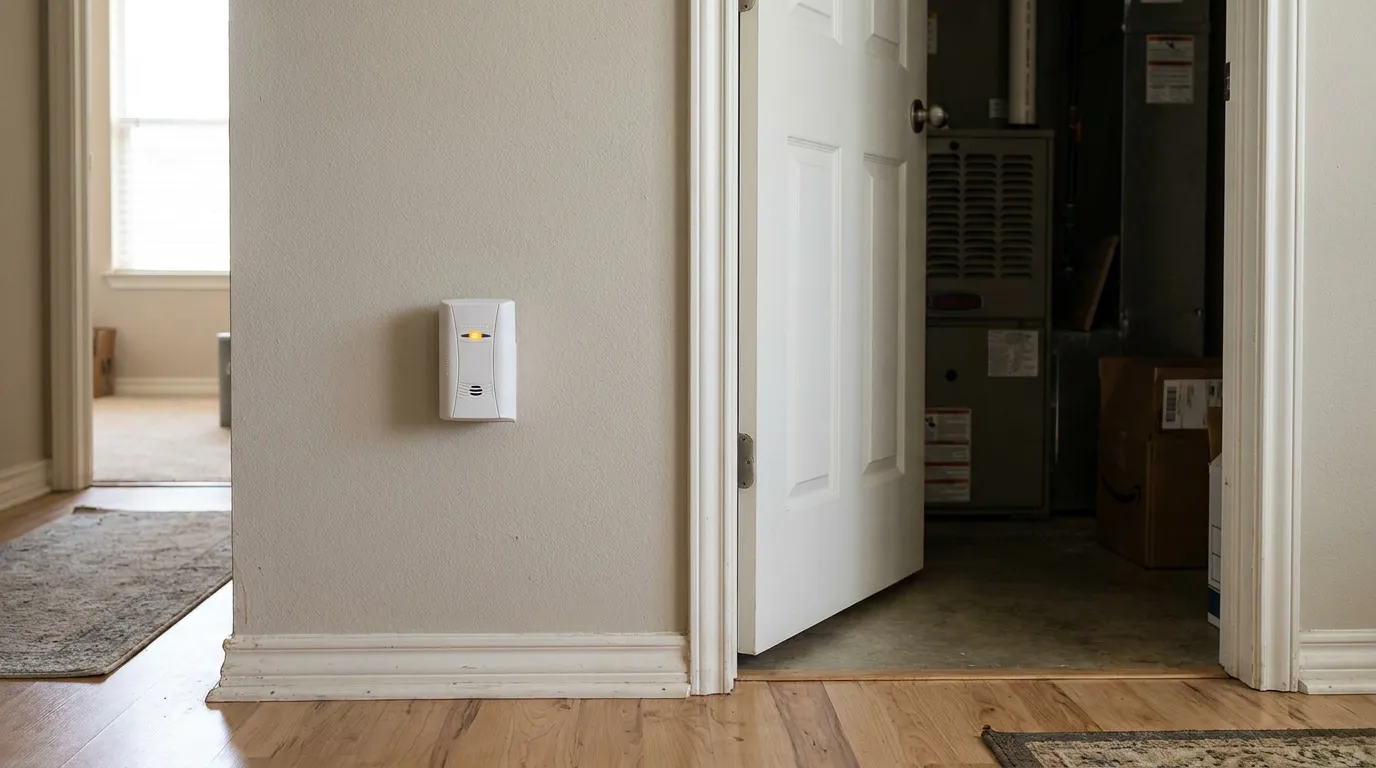 carbon monoxide detector mounted on interior wall near utility room door