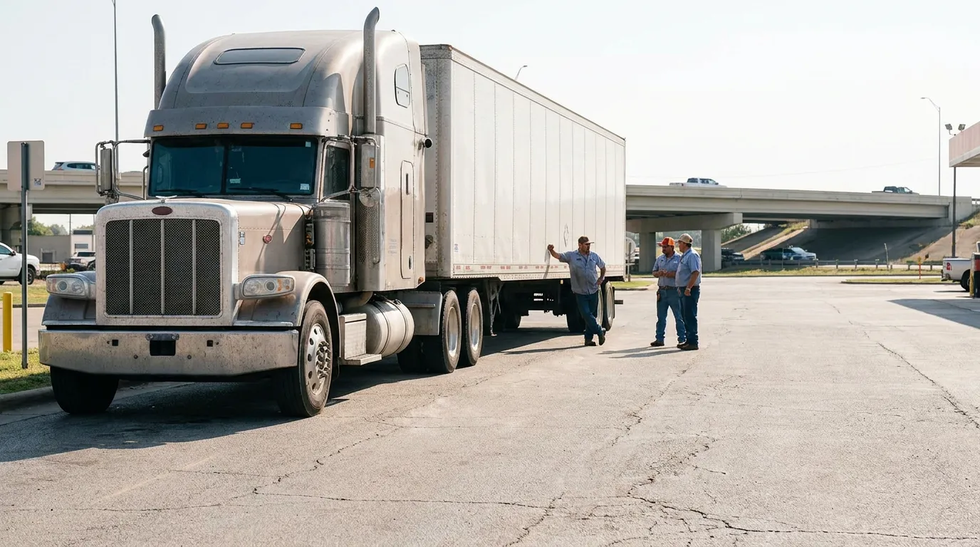 three workers standing beside parked semi-truck and trailer near highway overpass