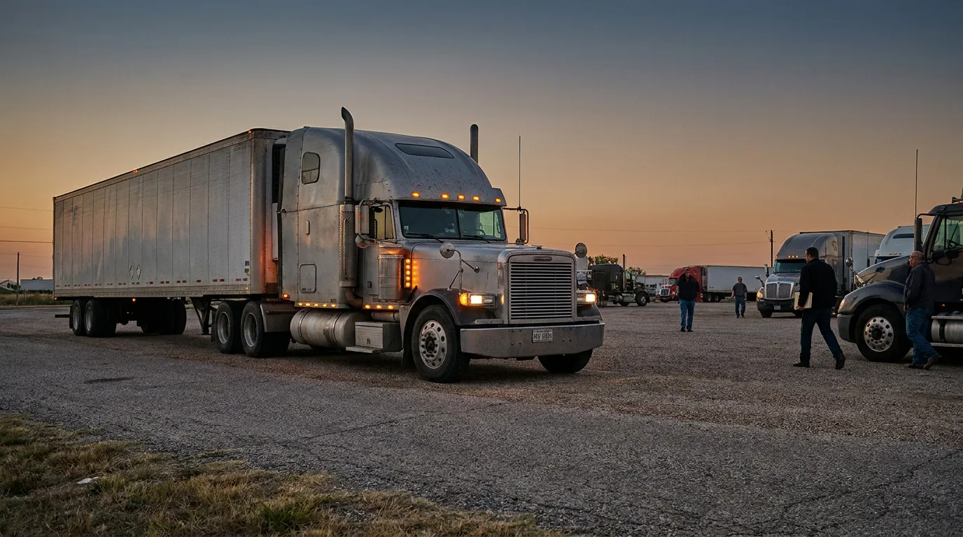 semi-truck with trailer parked at truck stop alongside several drivers at dusk