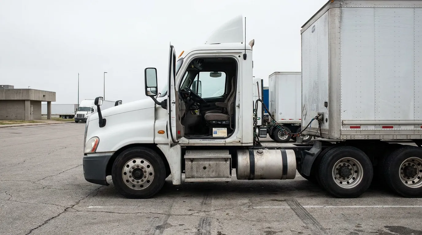semi-truck cab with open door parked at commercial truck stop lot