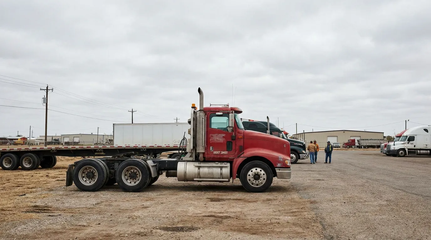 USDOT-labeled semi-truck cab parked at commercial trucking yard with workers nearby