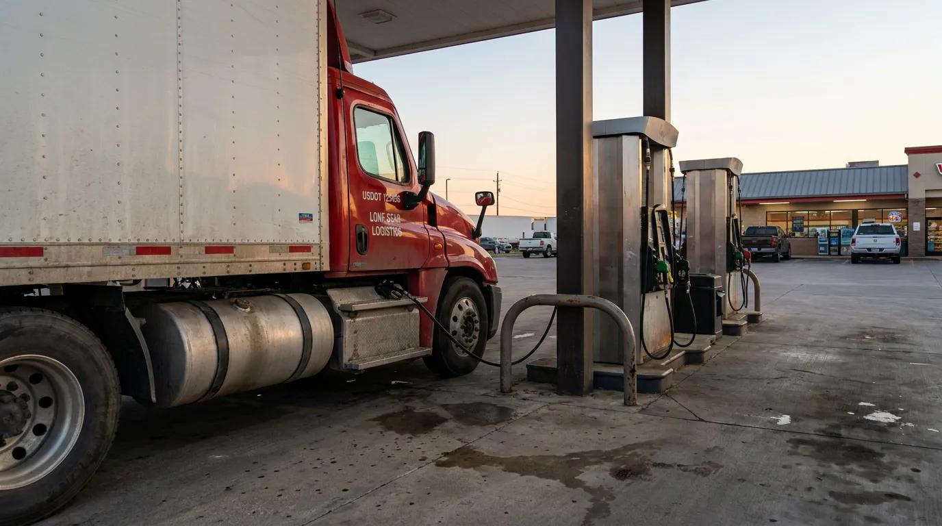 Lone Star Logistics USDOT semi-truck refueling at commercial truck stop fuel pumps