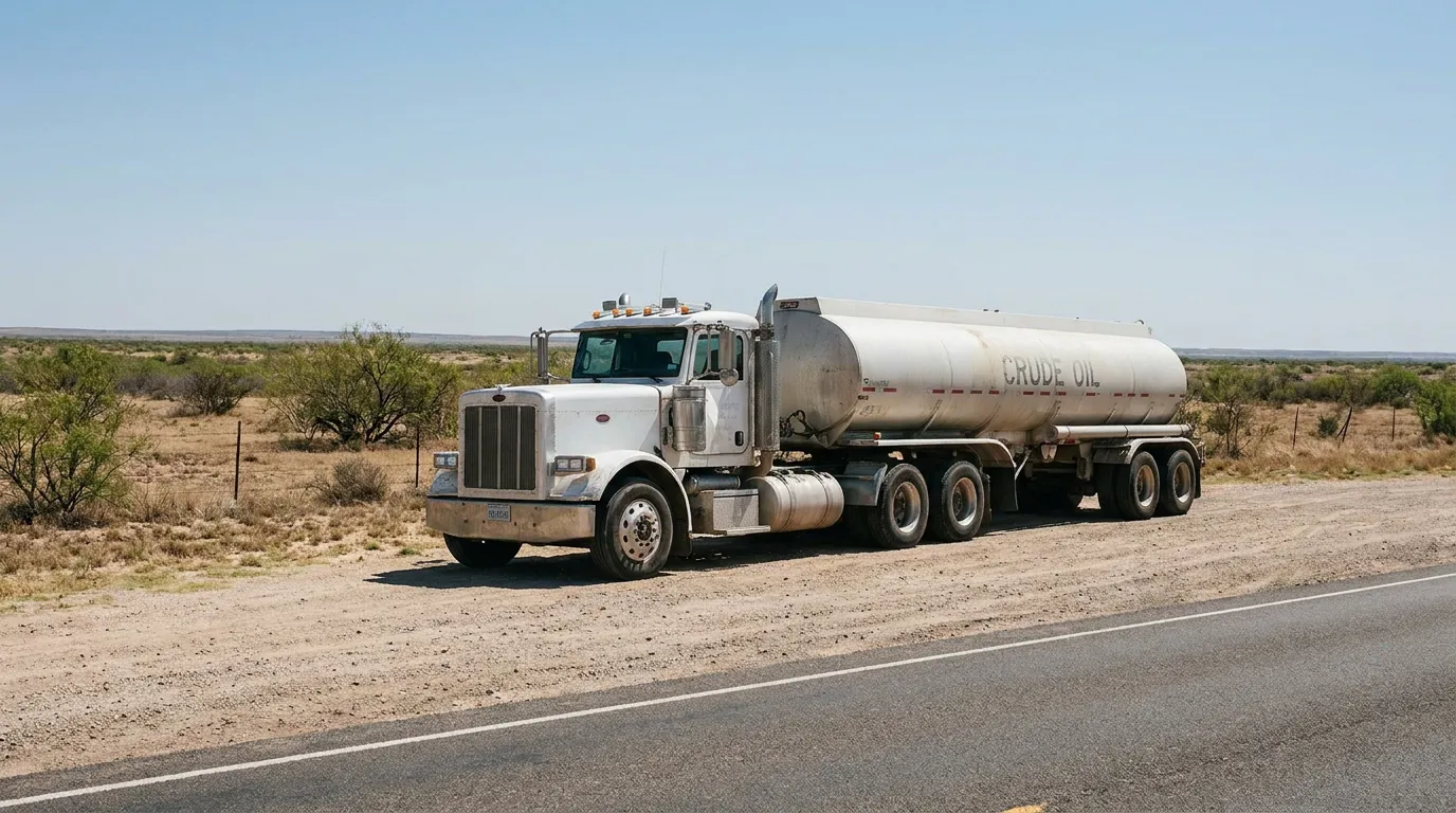crude oil tanker truck parked along desert highway in arid landscape