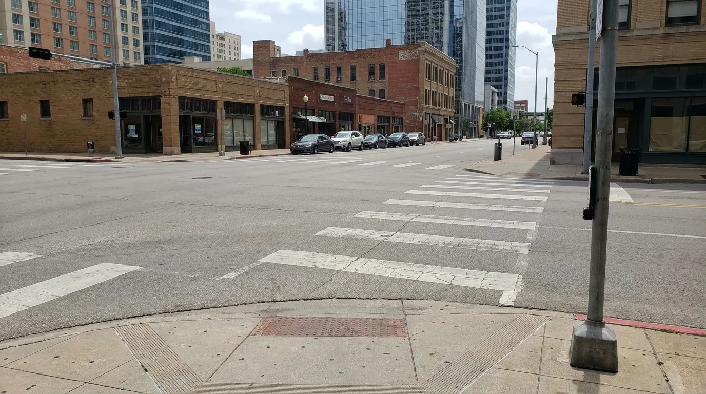 downtown urban intersection with crosswalk, traffic signal pole, and multi-story buildings