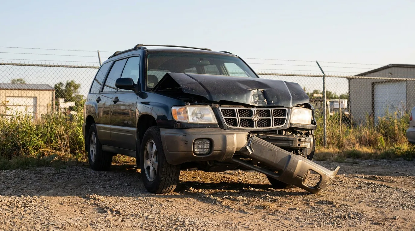 SUV with severely crushed hood and detached front bumper in salvage yard