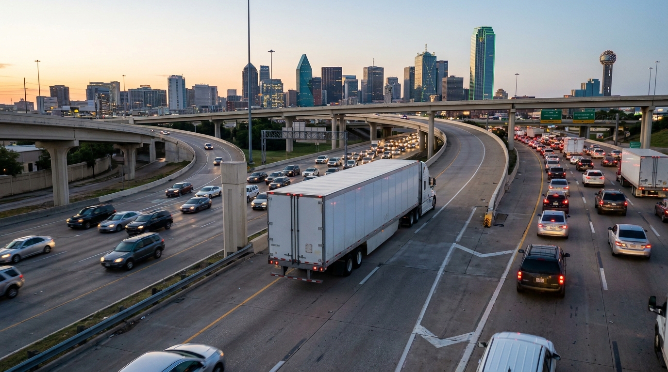 Semi-truck and heavy traffic on multilane freeway with downtown skyline in background