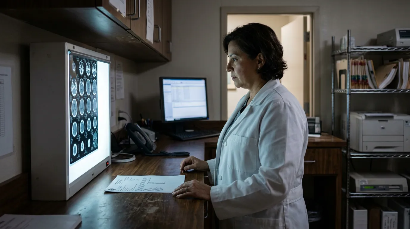 physician in lab coat examining brain scan images on medical lightbox