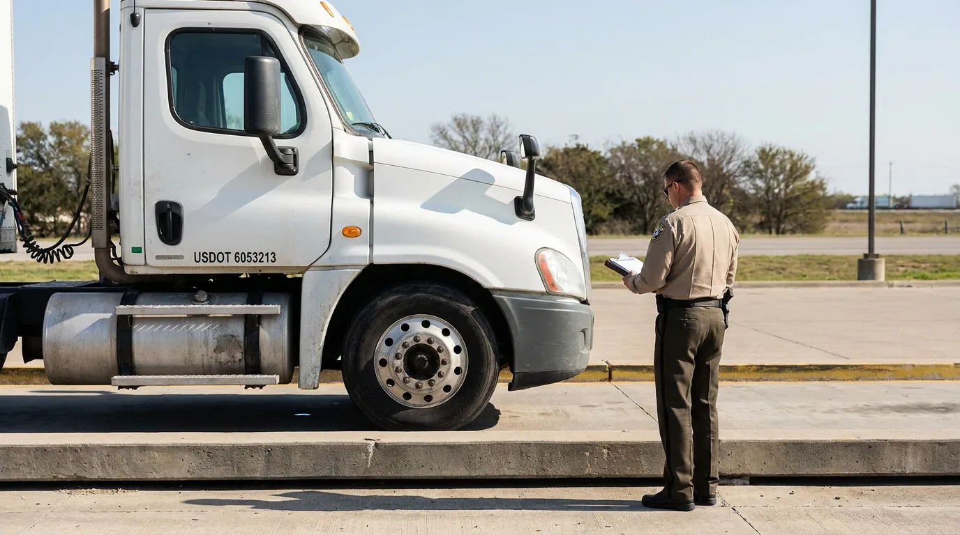 uniformed officer with clipboard inspecting semi-truck displaying USDOT number at weigh station