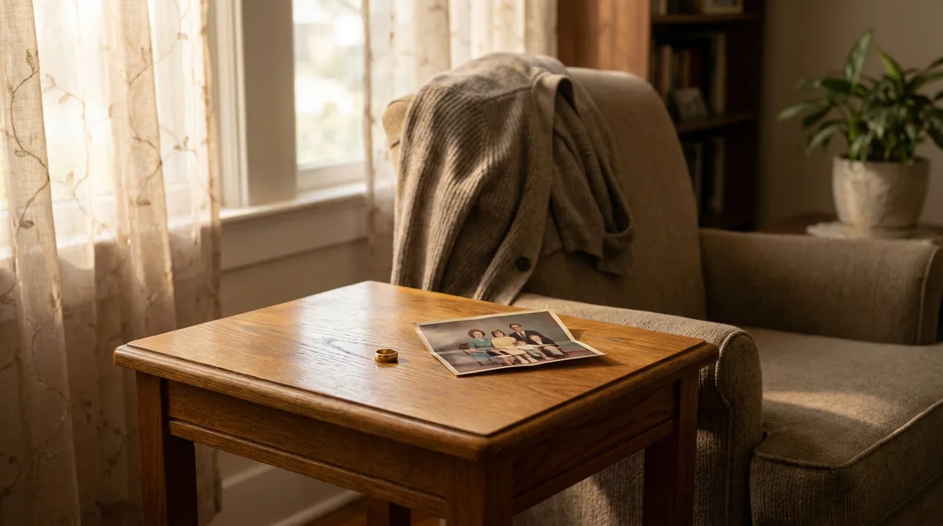 wedding ring and family photograph resting on wooden side table beside armchair