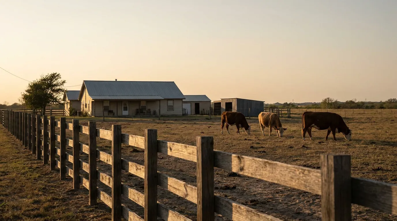 cattle grazing in fenced ranch pasture beside farmhouse and outbuildings
