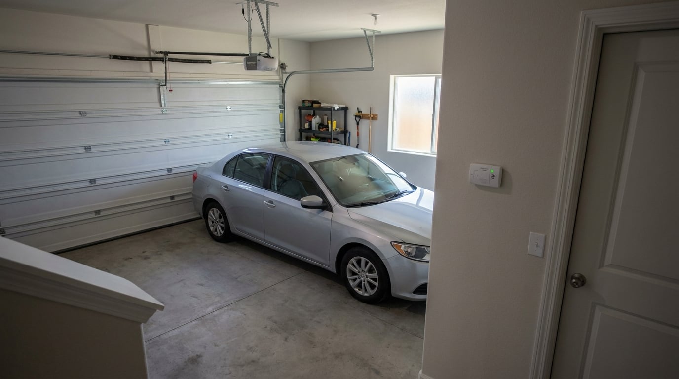 sedan parked inside closed residential garage with carbon monoxide detector on wall