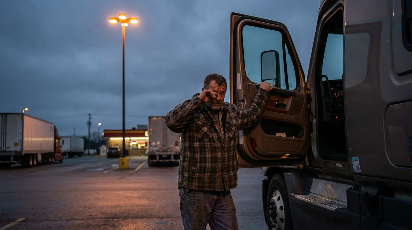 fatigued truck driver standing beside open semi-truck door at commercial truck stop
