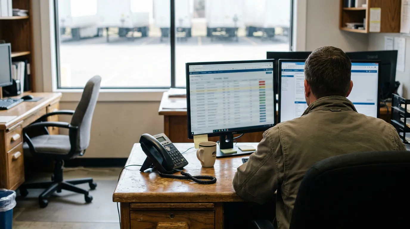 man seated at office desk reviewing spreadsheet data on dual monitors