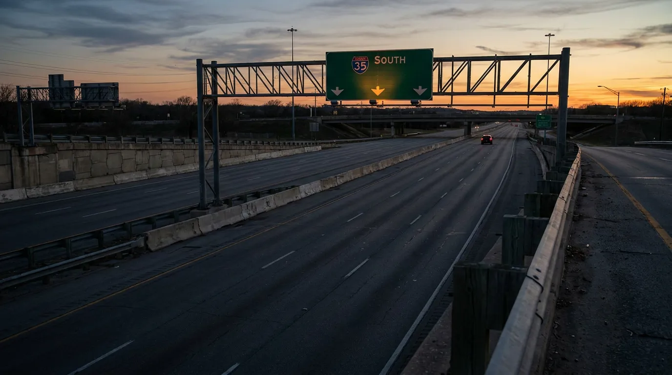 Interstate 35 South highway sign over nearly empty multi-lane freeway at dusk