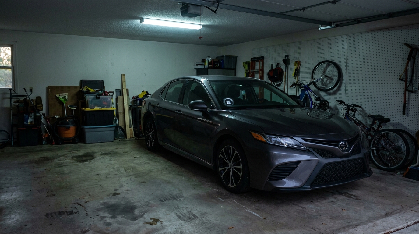 Toyota Camry sedan parked inside residential garage with bicycles and storage