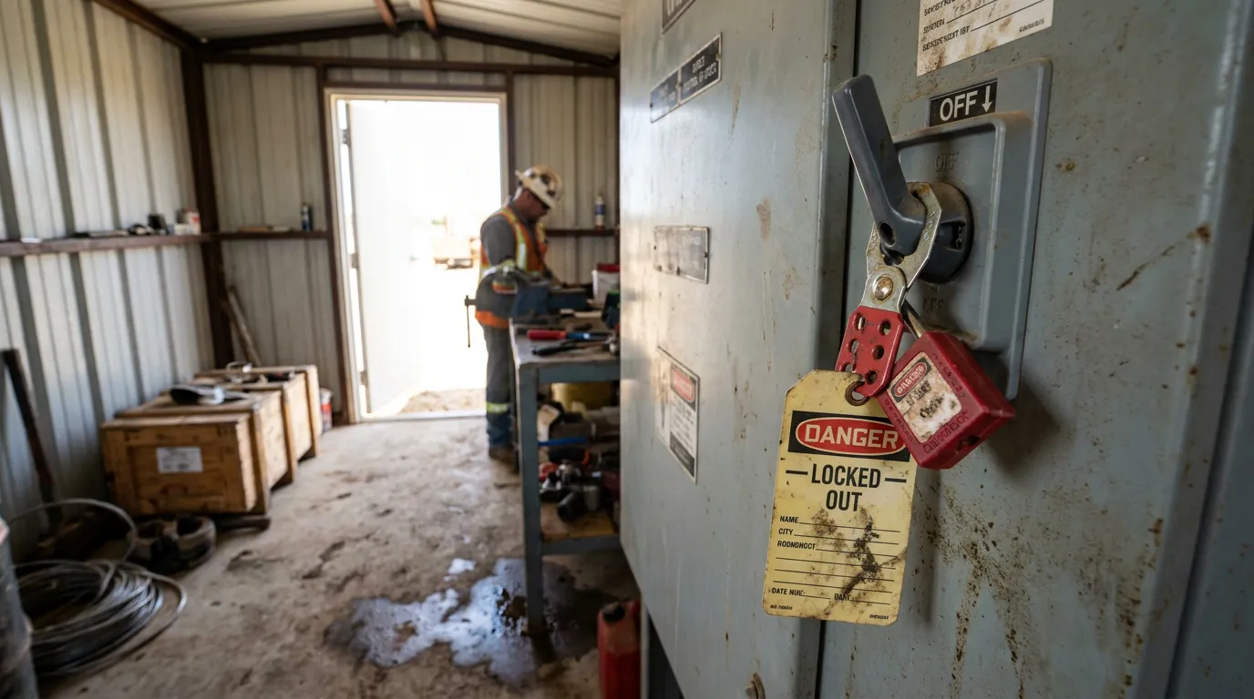 Danger Locked Out tag with padlock on industrial electrical panel at worksite