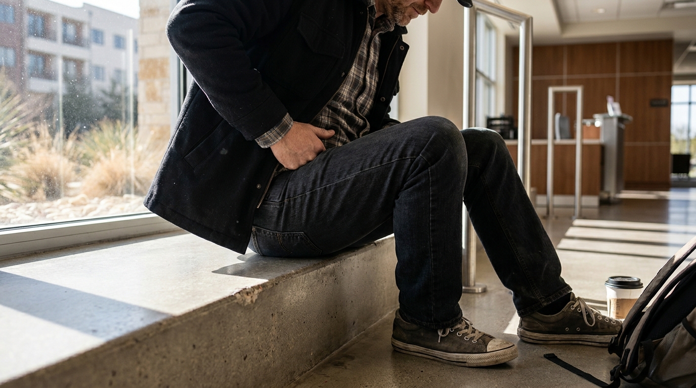 man seated on concrete ledge clutching hip area in apparent pain