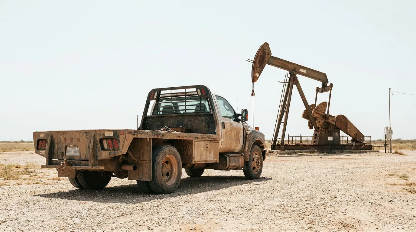 flatbed work truck parked near oil pumpjack on arid oilfield site