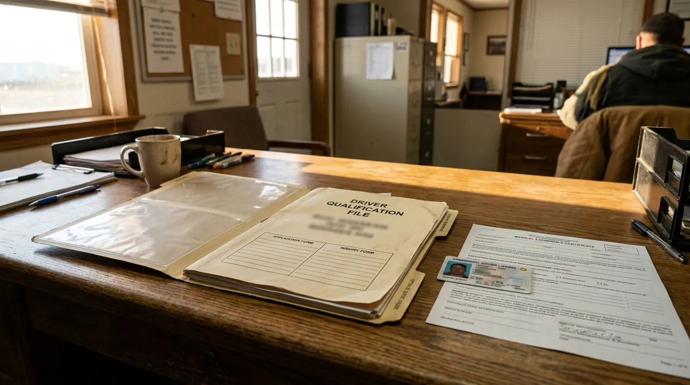 Driver Qualification File folder open on desk beside commercial driver license and medical examiner certificate