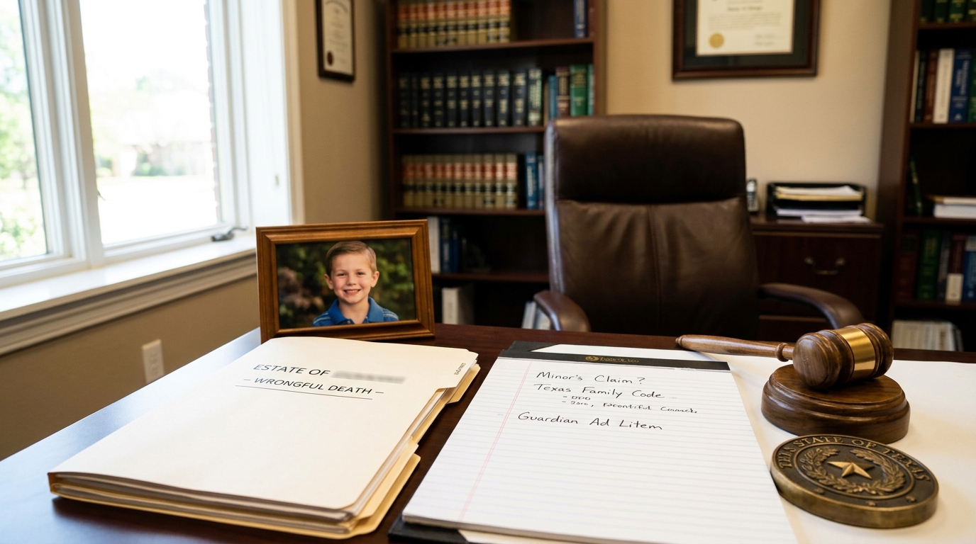 Wrongful death case file, child portrait, gavel, and legal notes on desk