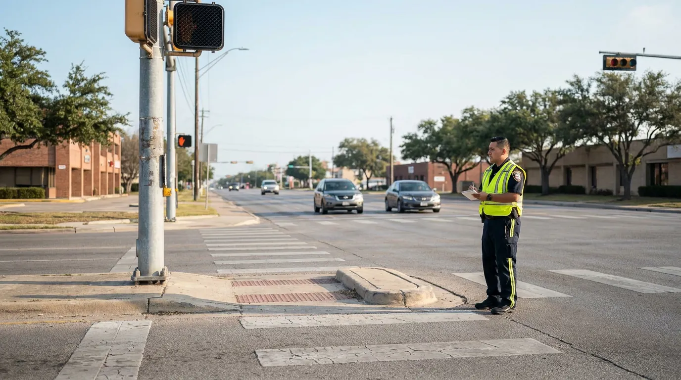 officer in safety vest writing notes at urban intersection crosswalk