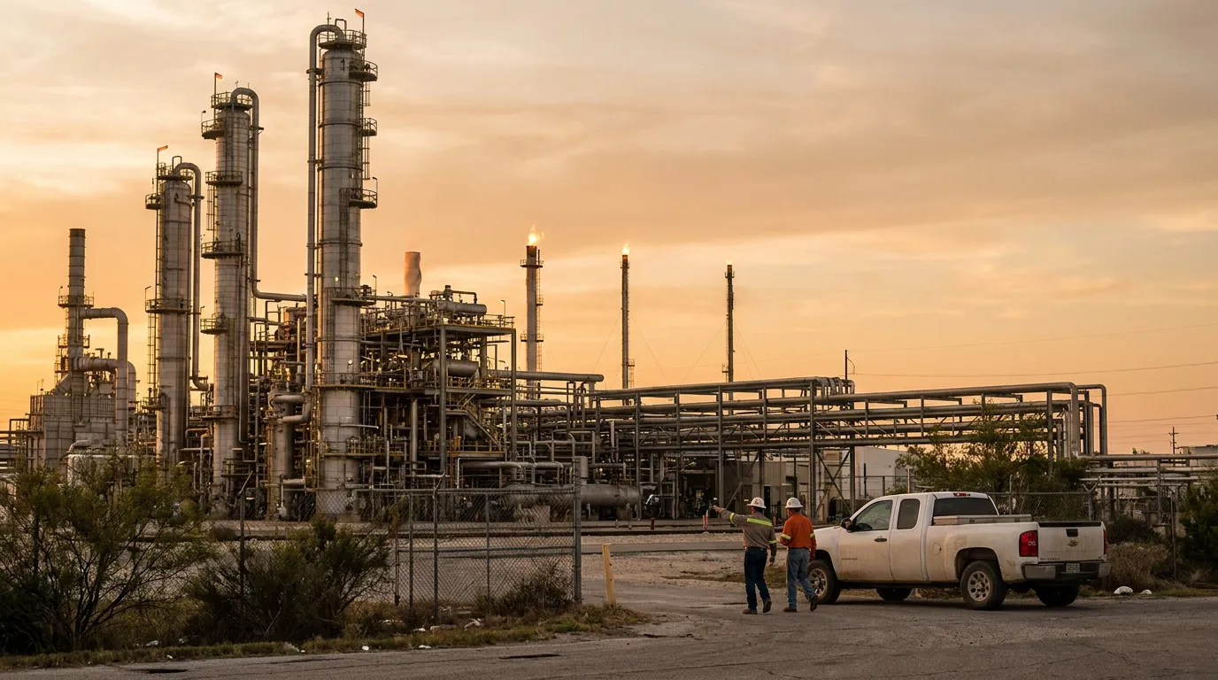 two workers in hard hats standing outside industrial refinery with flare stacks