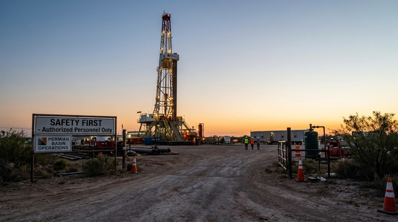 Safety First sign beside drilling rig at Permian Basin operations site
