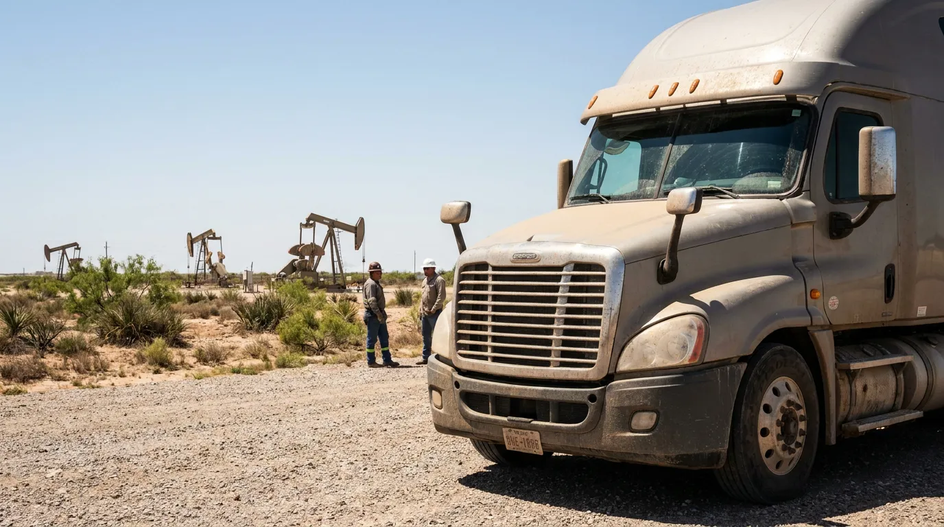 semi-truck parked at oilfield site with two workers and pump jacks
