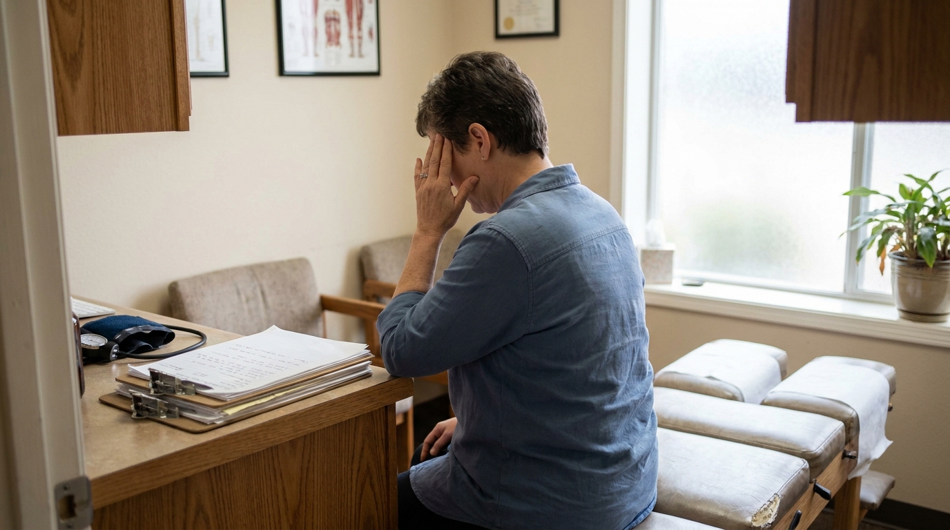 distressed person sitting on medical exam table holding head in hands
