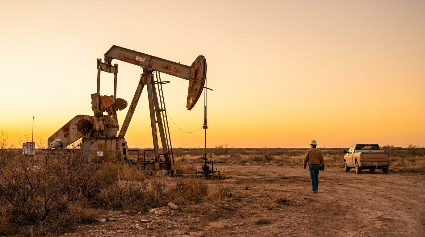 worker wearing hard hat walking toward oil pump jack at oilfield worksite