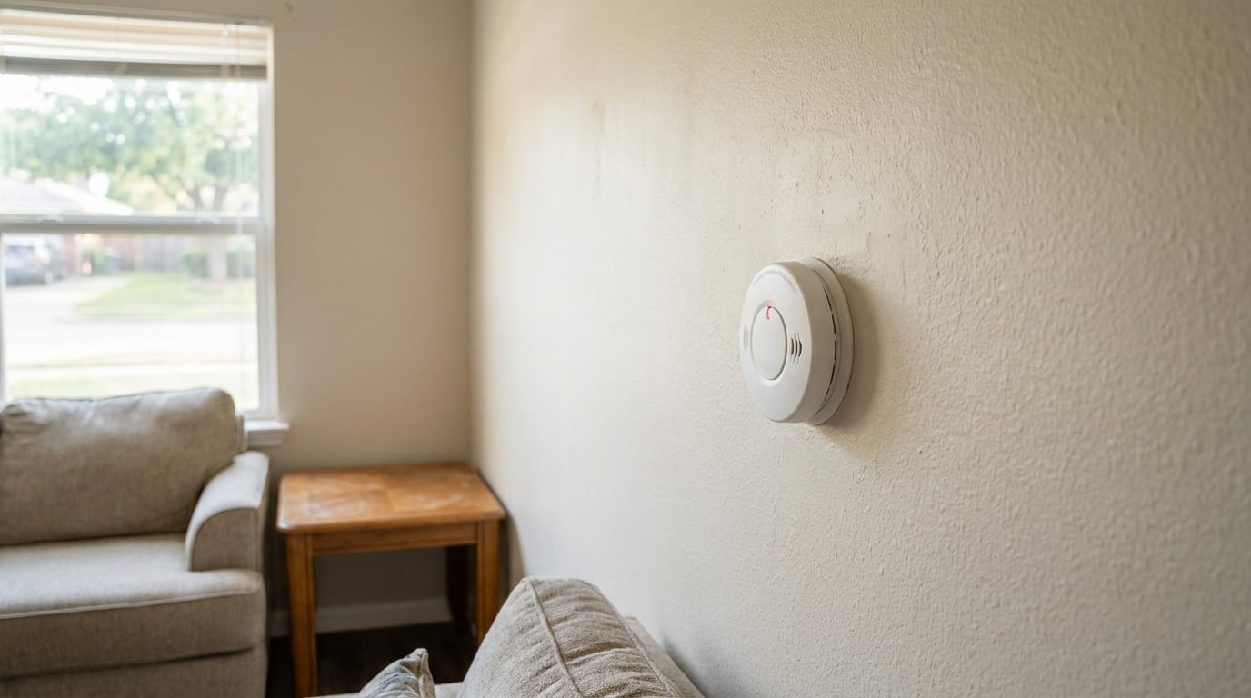 round smoke detector mounted on wall inside residential living room