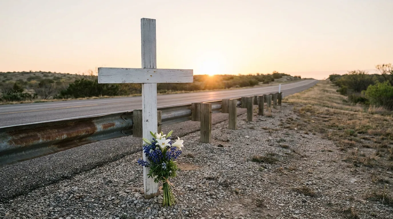 roadside memorial cross with flower bouquet beside highway guardrail at sunset